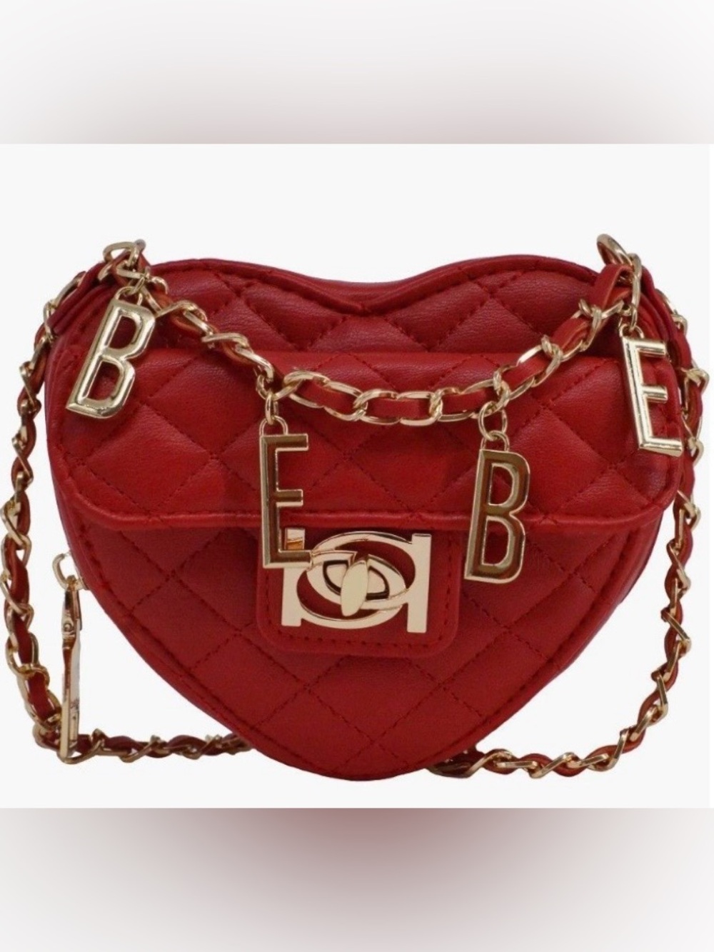 Red BeBe Quilted Mini Heart Crossbody Bag with Gold Chain